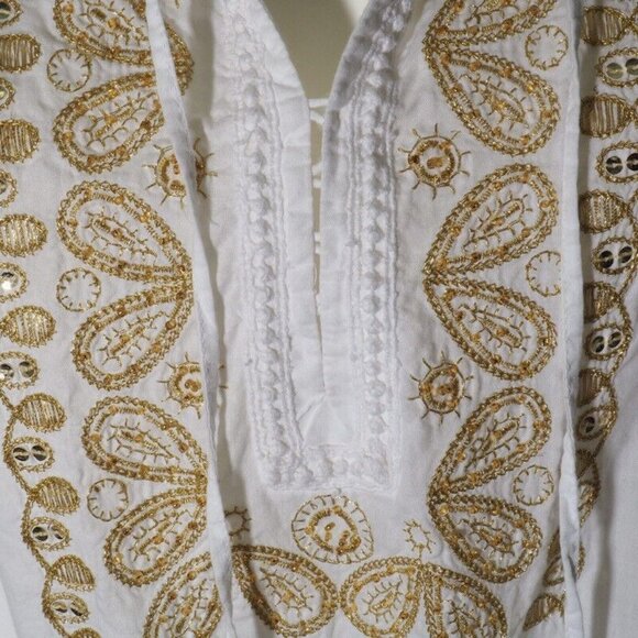 Alfani Tunic Top Size 6 P Womens Boho White with Gold Embroidery Pullover - Picture 3 of 11